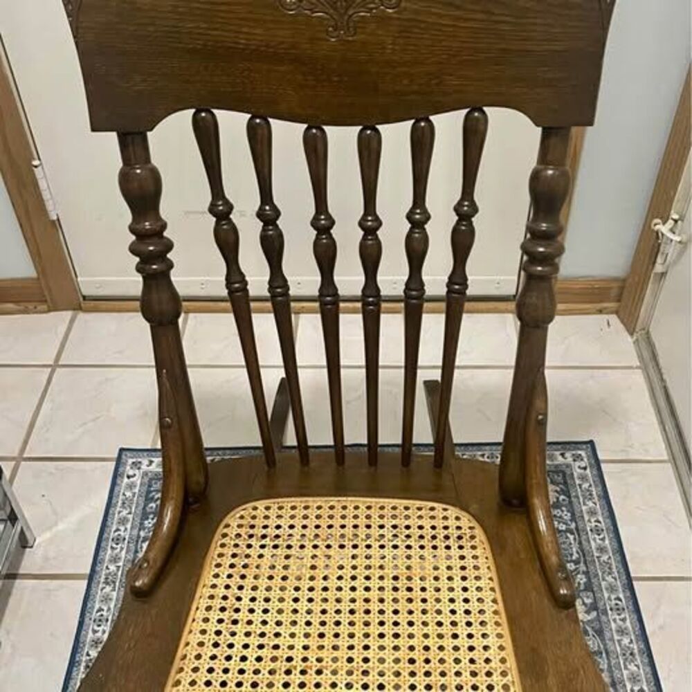 Antique wooden rocking Chair  woven cane seat Elaborate Carved back 1800-1900